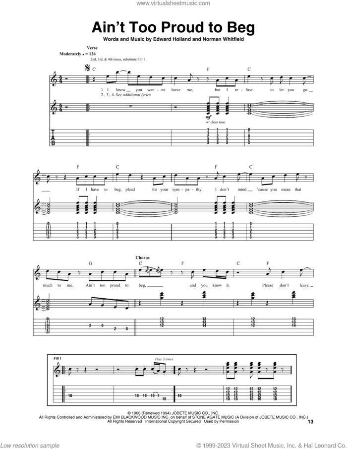 Ain't Too Proud To Beg sheet music for guitar (tablature) by The Temptations, The Rolling Stones, Edward Holland Jr. and Norman Whitfield, intermediate skill level