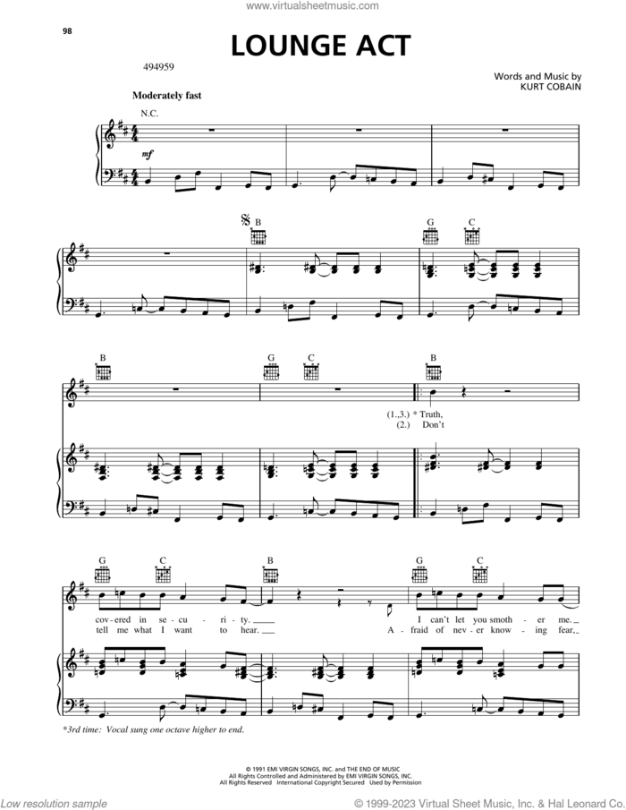 Lounge Act sheet music for voice, piano or guitar by Nirvana and Kurt Cobain, intermediate skill level