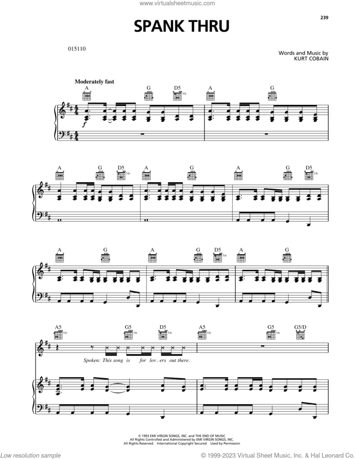 Spank Through sheet music for voice, piano or guitar by Nirvana and Kurt Cobain, intermediate skill level