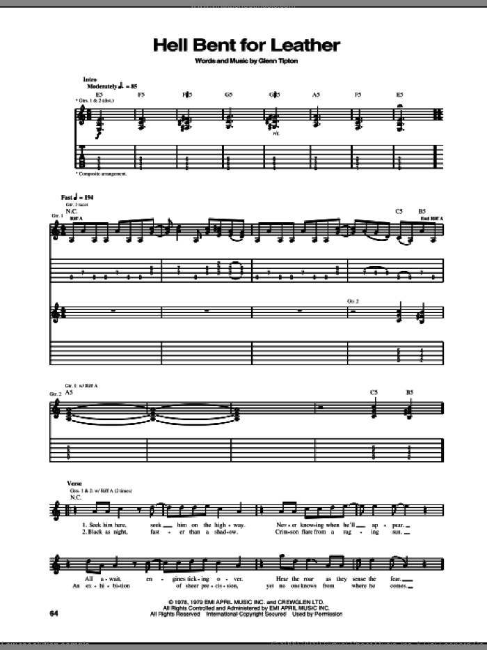 Hell Bent For Leather sheet music for guitar (tablature) by Judas Priest and Glenn Tipton, intermediate skill level