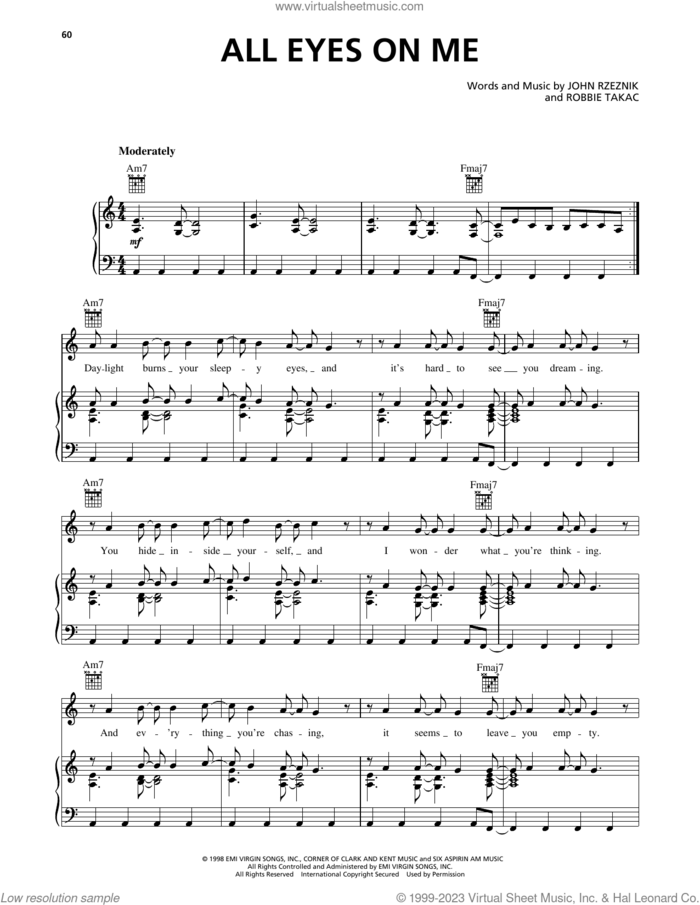 All Eyes On Me sheet music for voice, piano or guitar by The Goo Goo Dolls, John Rzeznik and Robbie Takac, intermediate skill level