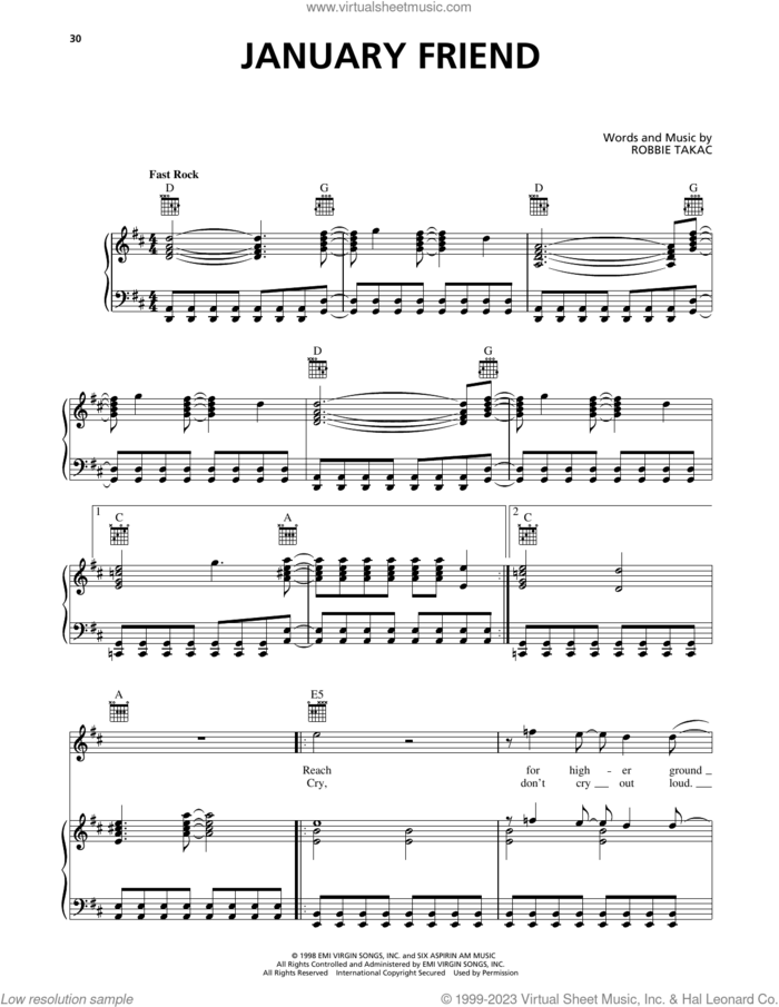 January Friend sheet music for voice, piano or guitar by The Goo Goo Dolls and Robbie Takac, intermediate skill level