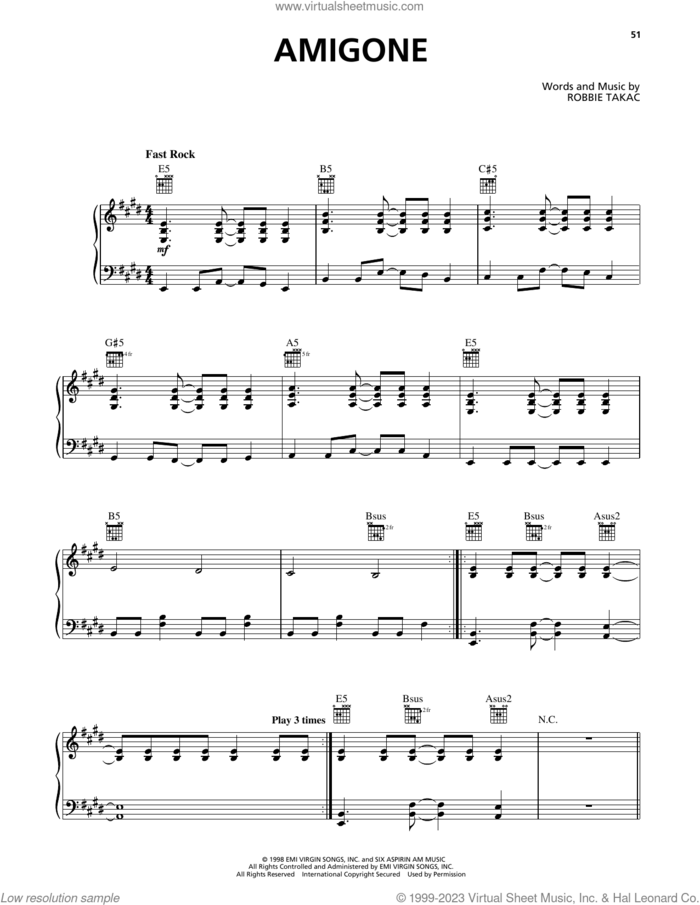 Amigone sheet music for voice, piano or guitar by The Goo Goo Dolls and Robbie Takac, intermediate skill level