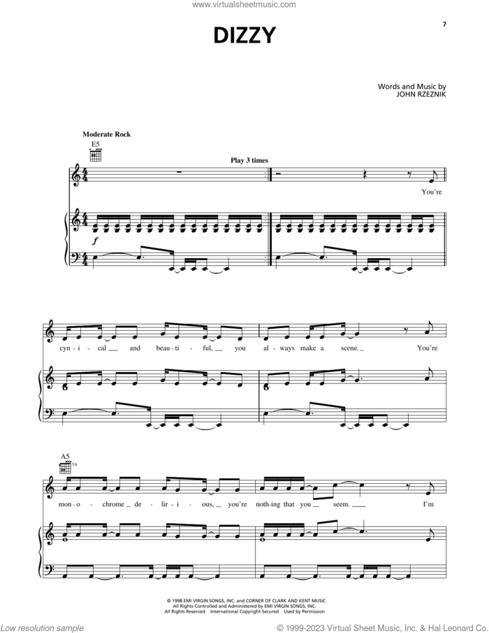 Dizzy sheet music for voice, piano or guitar by The Goo Goo Dolls and John Rzeznik, intermediate skill level