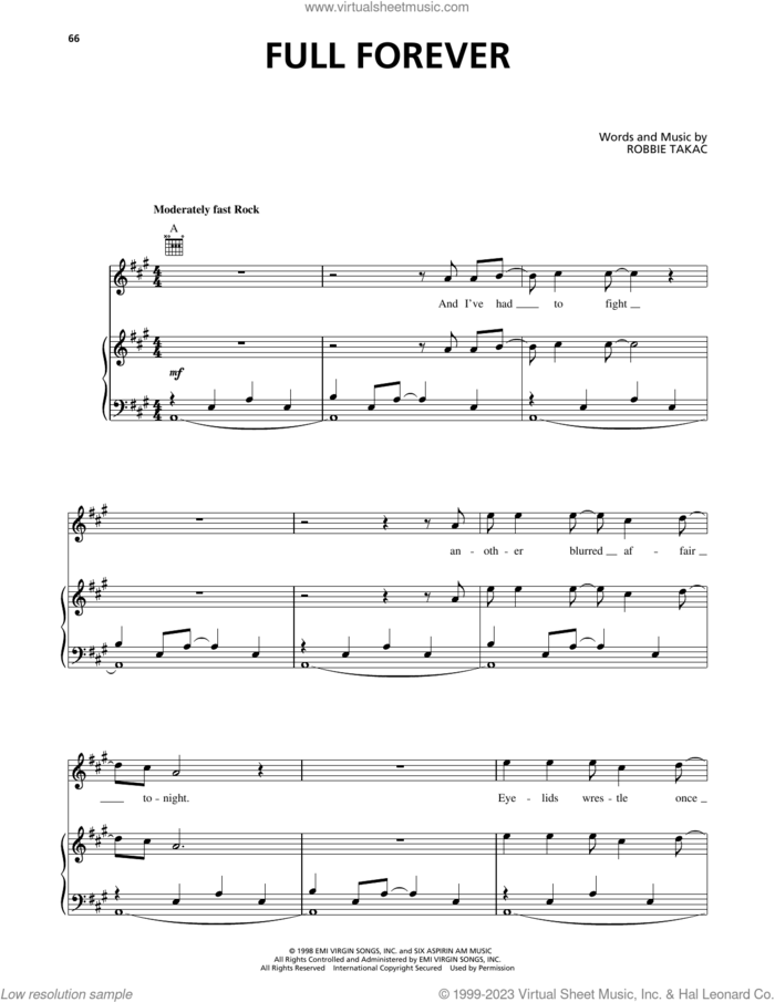 Full Forever sheet music for voice, piano or guitar by The Goo Goo Dolls and Robbie Takac, intermediate skill level