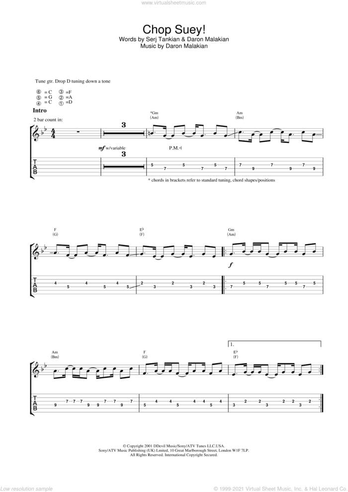 Chop Suey! sheet music for guitar (tablature) by System Of A Down, Daron Malakian and Serj Tankian, intermediate skill level