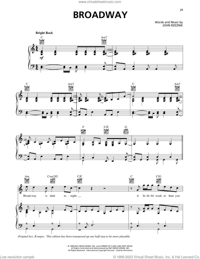 Broadway sheet music for voice, piano or guitar by The Goo Goo Dolls and John Rzeznik, intermediate skill level