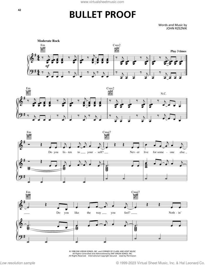 Bullet Proof sheet music for voice, piano or guitar by The Goo Goo Dolls and John Rzeznik, intermediate skill level