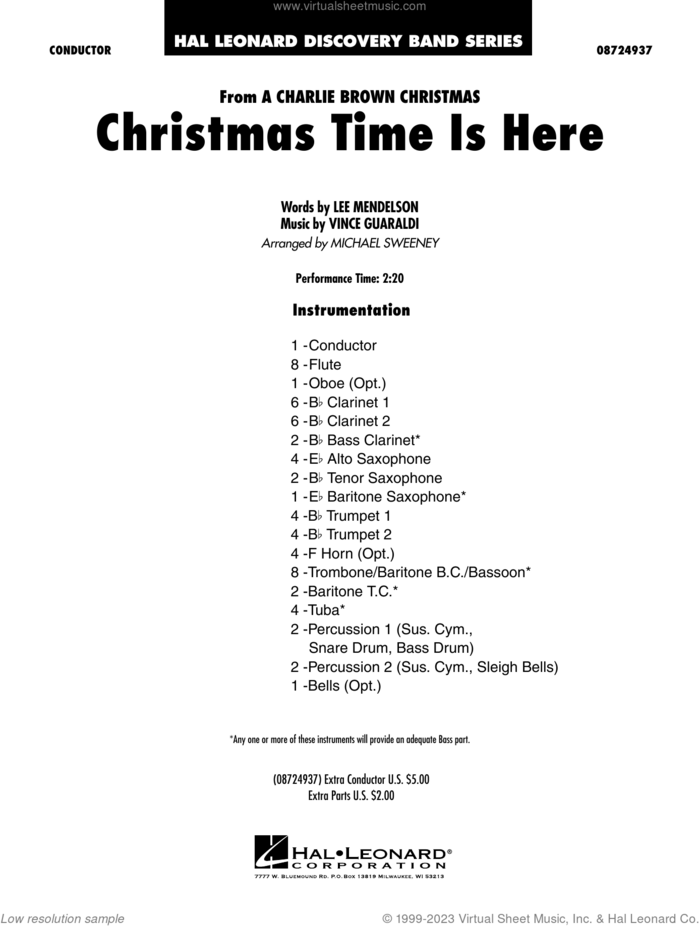 Christmas Time Is Here (arr. Michael Sweeney) (COMPLETE) sheet music for concert band by Vince Guaraldi, Lee Mendelson and Michael Sweeney, intermediate skill level