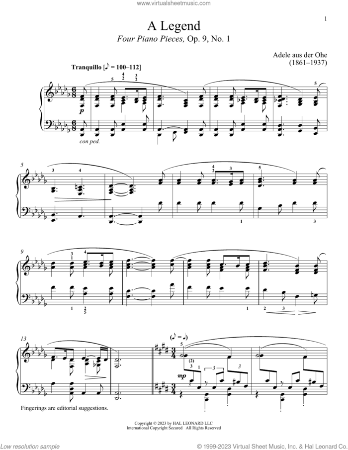 A Legend sheet music for piano solo by Adele aus der Ohe and Immanuela Gruenberg, classical score, intermediate skill level