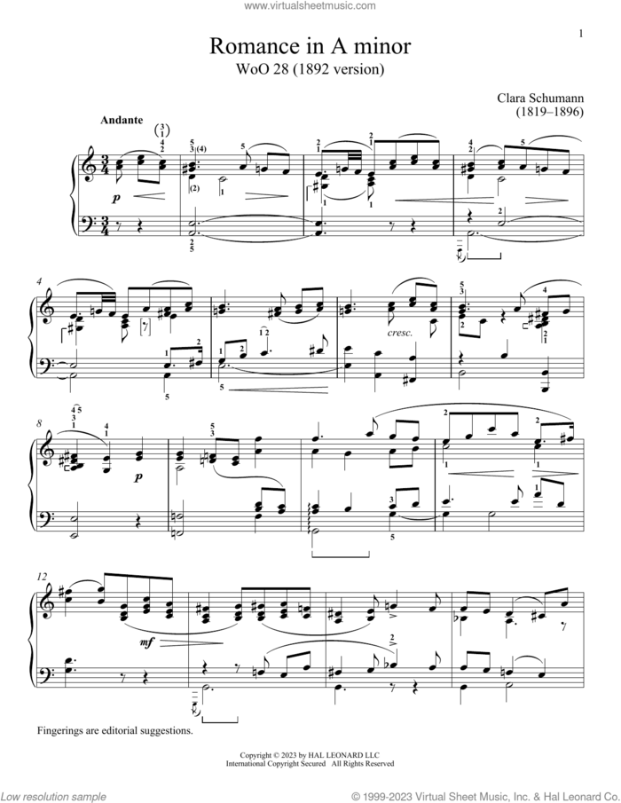 Romance in A minor, WoO 28 sheet music for piano solo by Clara Schumann and Immanuela Gruenberg, classical score, intermediate skill level