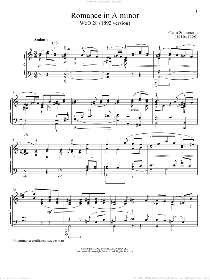 Romance in A minor, WoO 28 sheet music for piano solo by Clara Schumann and Immanuela Gruenberg, classical score, intermediate skill level