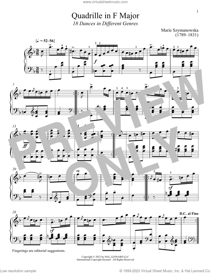 Quadrille  in F Major sheet music for piano solo by Marie Szymanowska and Immanuela Gruenberg, classical score, intermediate skill level