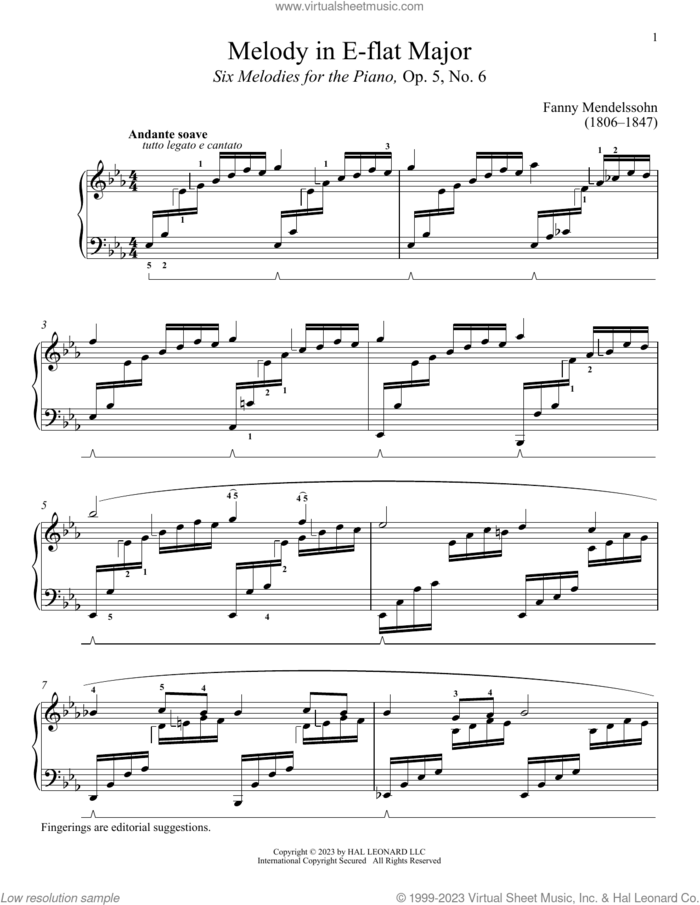 Andante soave sheet music for piano solo by Fanny Mendelssohn and Immanuela Gruenberg, classical score, intermediate skill level