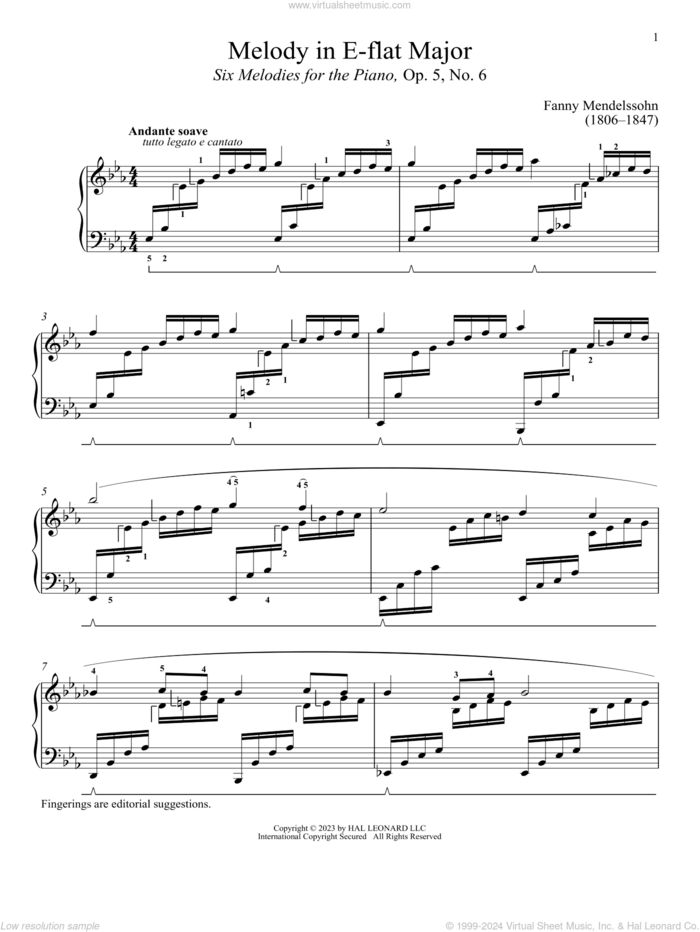 Andante soave sheet music for piano solo by Fanny Mendelssohn and Immanuela Gruenberg, classical score, intermediate skill level