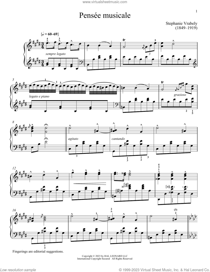 Pensee musicale sheet music for piano solo by Stephanie Vrabley and Immanuela Gruenberg, classical score, intermediate skill level
