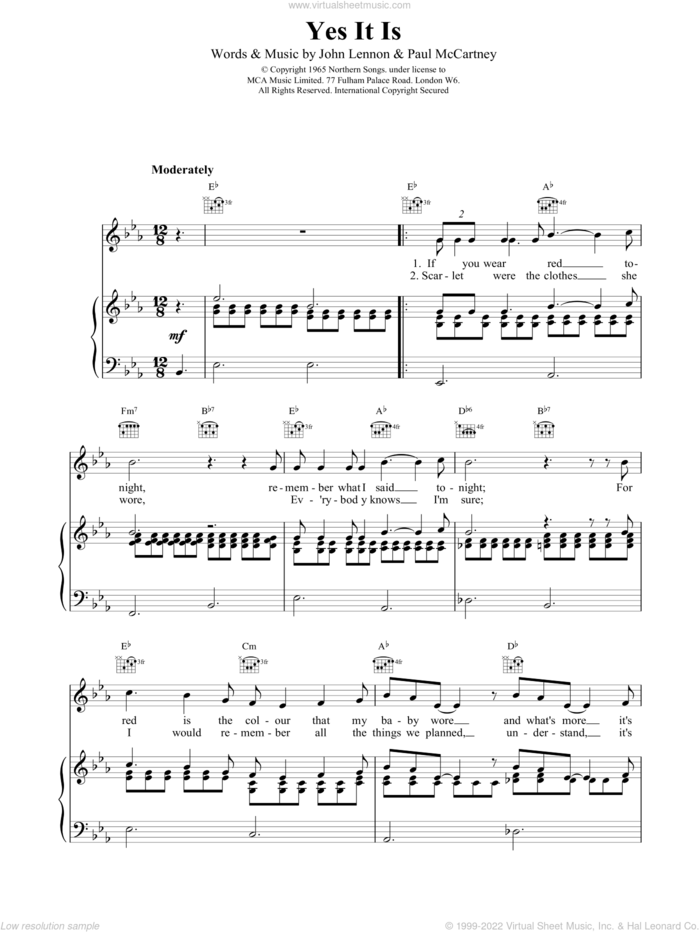 Yes It Is sheet music for voice, piano or guitar by The Beatles, intermediate skill level