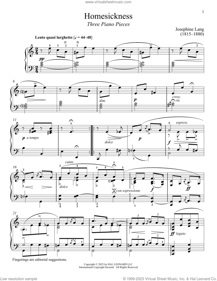 Homesickness sheet music for piano solo by Josephine Lang and Immanuela Gruenberg, classical score, intermediate skill level