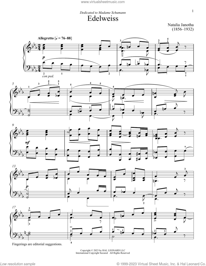 Edelweiss sheet music for piano solo by Natalia Jonatha and Immanuela Gruenberg, classical score, intermediate skill level
