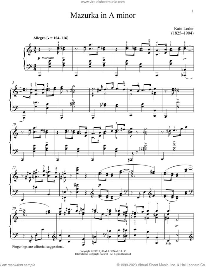 Mazurka in A minor sheet music for piano solo by Kate Loder and Immanuela Gruenberg, classical score, intermediate skill level
