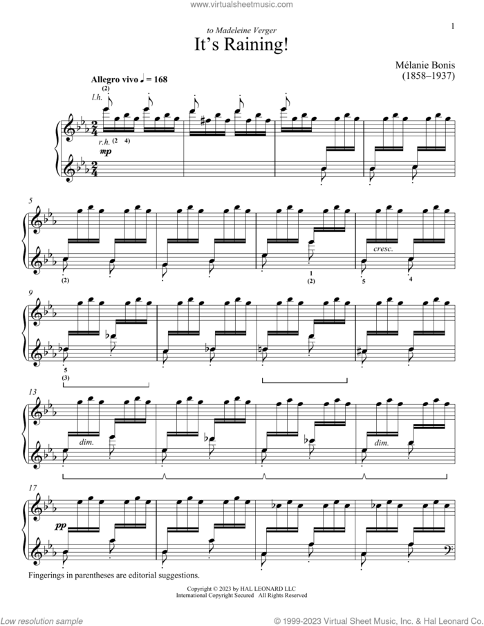 It's Raining sheet music for piano solo by Melanis Bonis and Immanuela Gruenberg, classical score, intermediate skill level