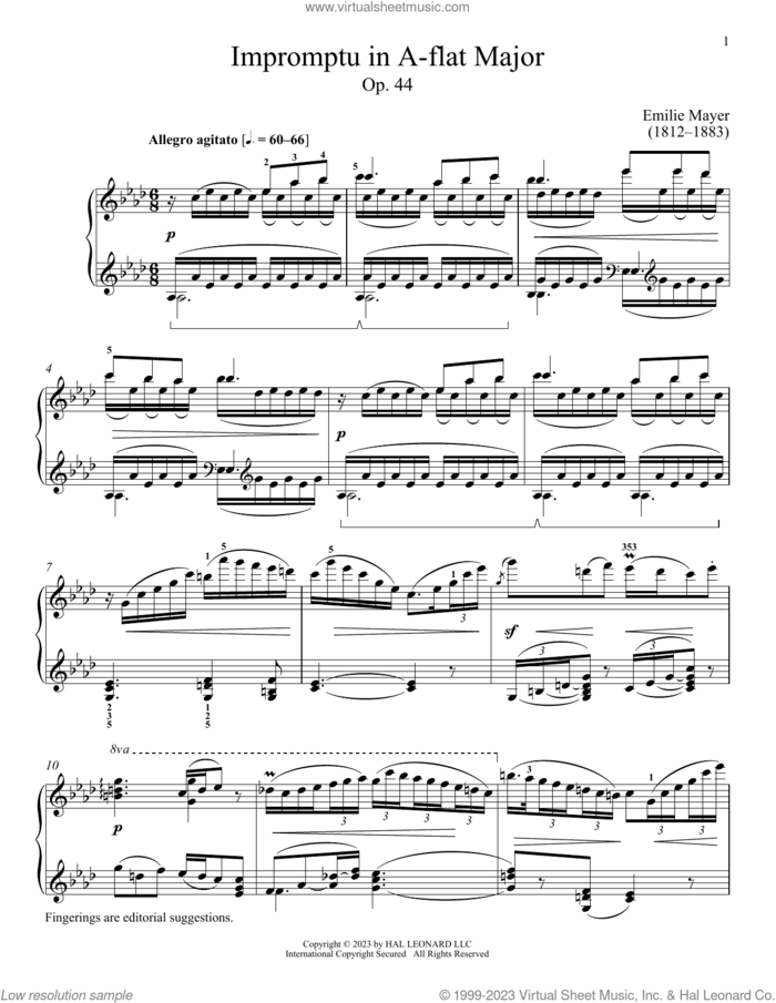 Impromptu in A-flat Major, Op. 44 sheet music for piano solo by Emilie Mayer and Immanuela Gruenberg, classical score, intermediate skill level