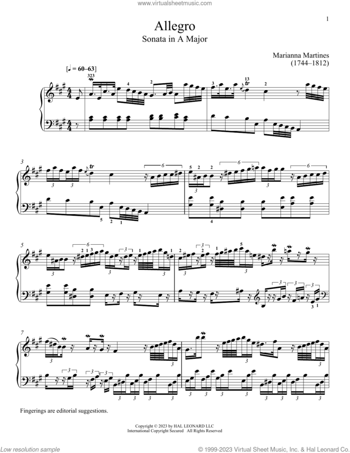 Allegro sheet music for piano solo by Marianna Martines and Immanuela Gruenberg, classical score, intermediate skill level