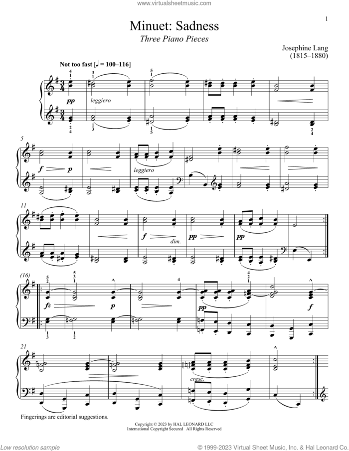Minuet: Sadness sheet music for piano solo by Josephine Lang and Immanuela Gruenberg, classical score, intermediate skill level