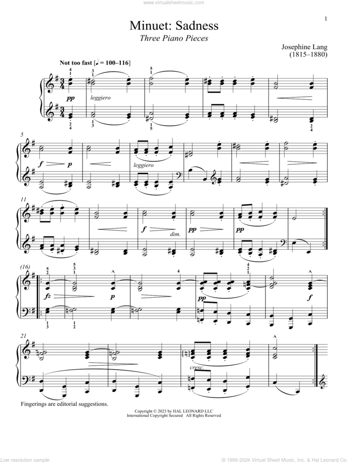 Minuet: Sadness sheet music for piano solo by Josephine Lang and Immanuela Gruenberg, classical score, intermediate skill level