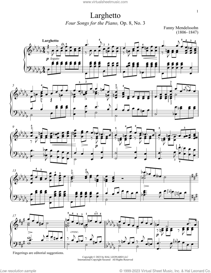 Larghetto sheet music for piano solo by Fanny Mendelssohn and Immanuela Gruenberg, classical score, intermediate skill level