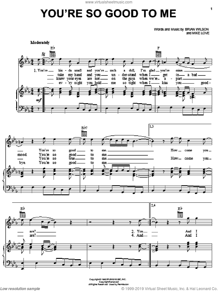 You're So Good To Me sheet music for voice, piano or guitar by The Beach Boys, Brian Wilson and Mike Love, intermediate skill level