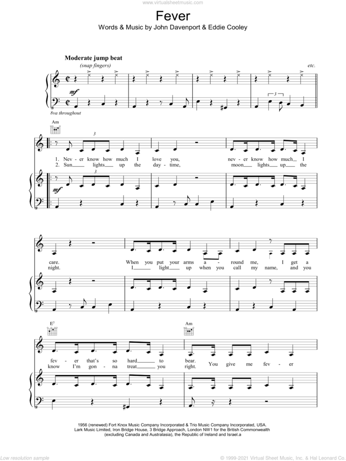 Fever sheet music for voice, piano or guitar by Peggy Lee, Eddie Cooley and John Davenport, intermediate skill level