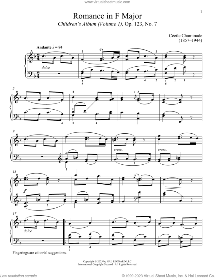 Romance sheet music for piano solo by Cecile Chaminade and Immanuela Gruenberg, classical score, intermediate skill level
