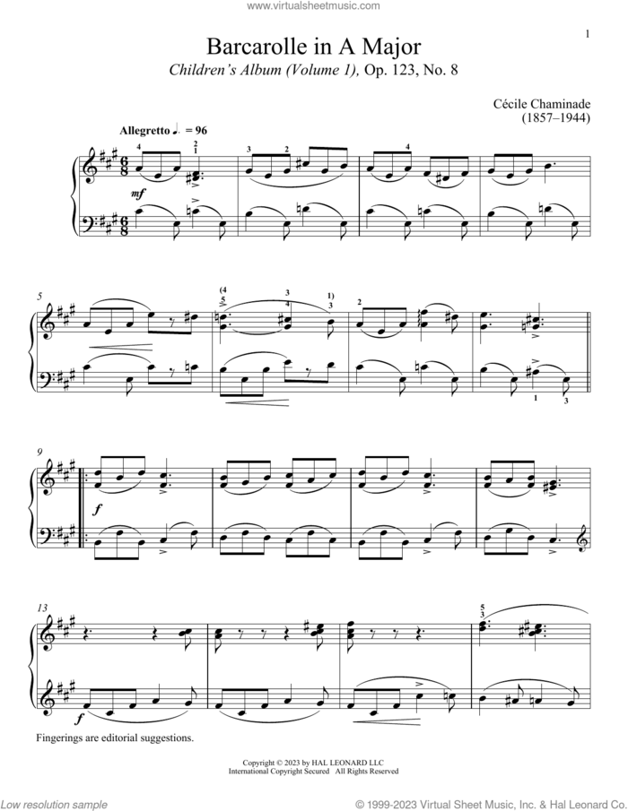 Barcarolle sheet music for piano solo by Cecile Chaminade and Immanuela Gruenberg, classical score, intermediate skill level