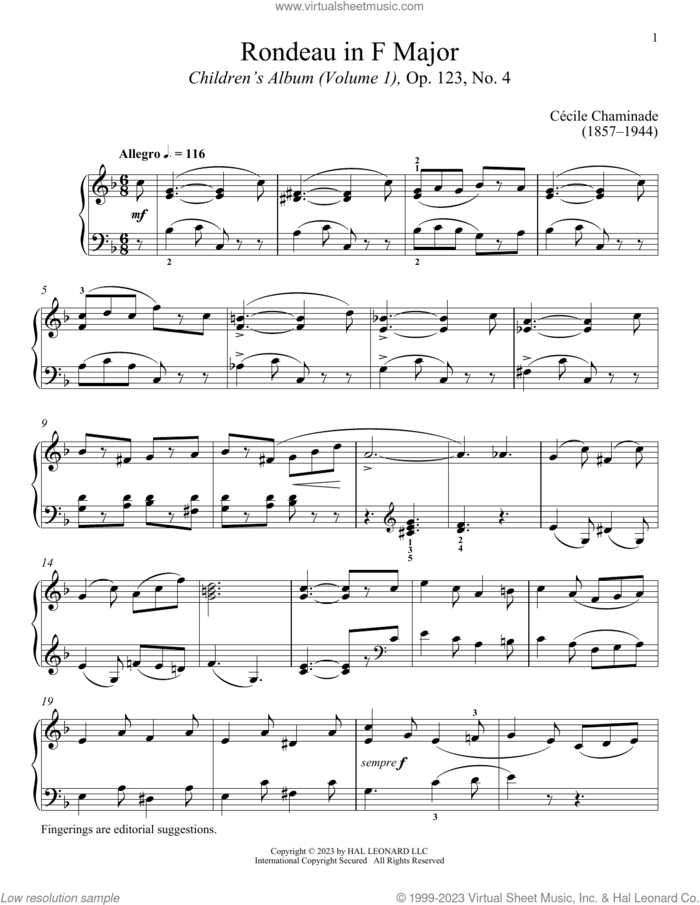 Rondeau sheet music for piano solo by Cecile Chaminade and Immanuela Gruenberg, classical score, intermediate skill level