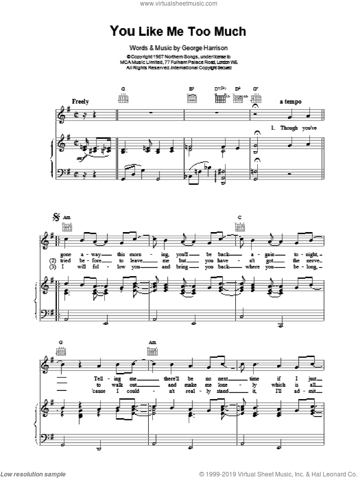 You Like Me Too Much sheet music for voice, piano or guitar by The Beatles, intermediate skill level