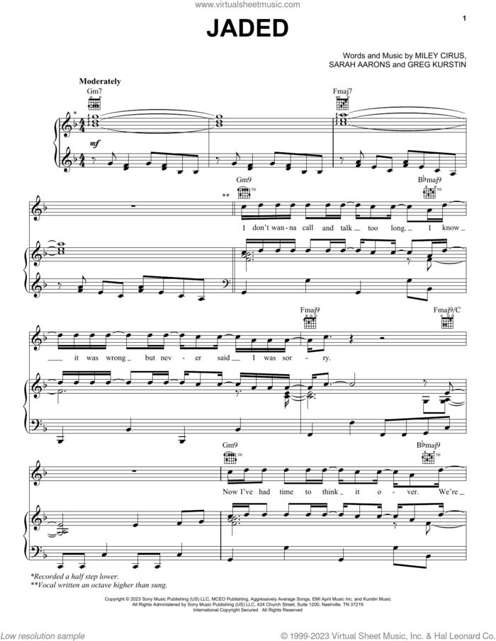 Jaded sheet music for voice, piano or guitar by Miley Cyrus, Greg Kurstin and Sarah Aarons, intermediate skill level