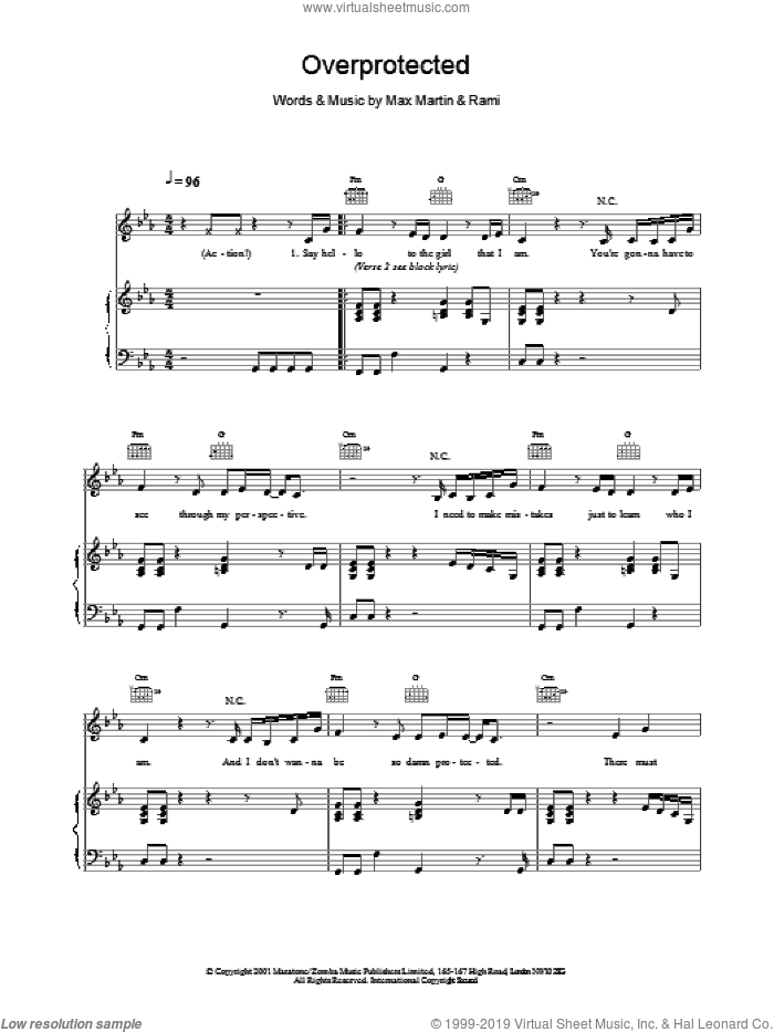 Overprotected sheet music for voice, piano or guitar by Britney Spears, intermediate skill level