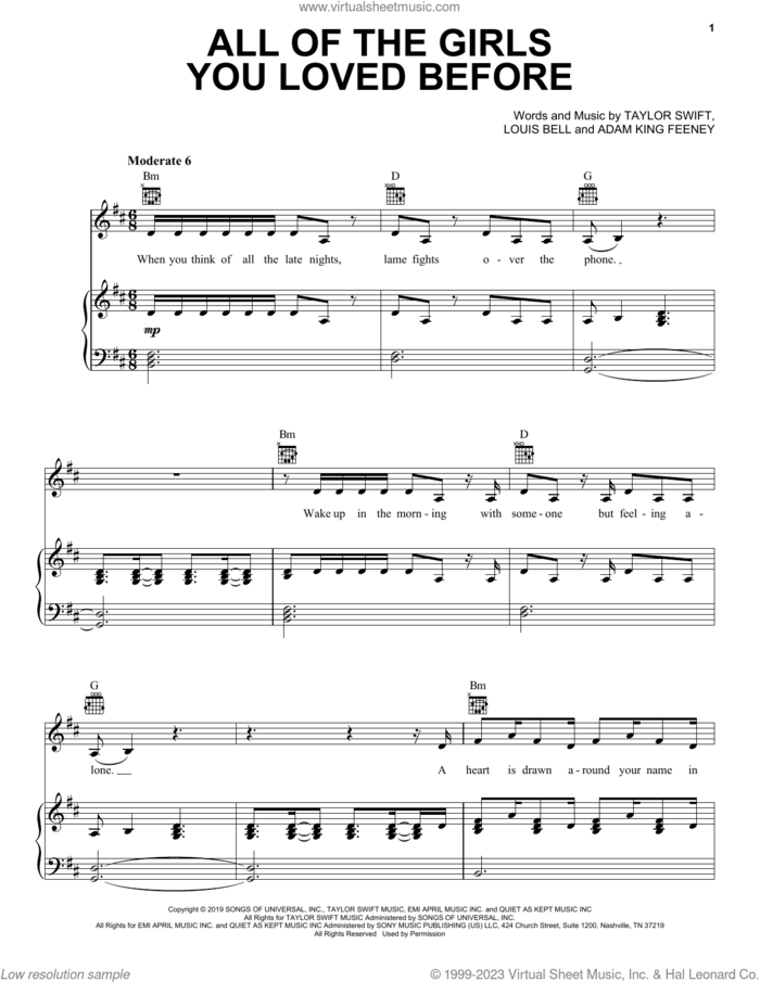 All Of The Girls You Loved Before sheet music for voice, piano or guitar by Taylor Swift, Adam King Feeney and Louis Bell, intermediate skill level