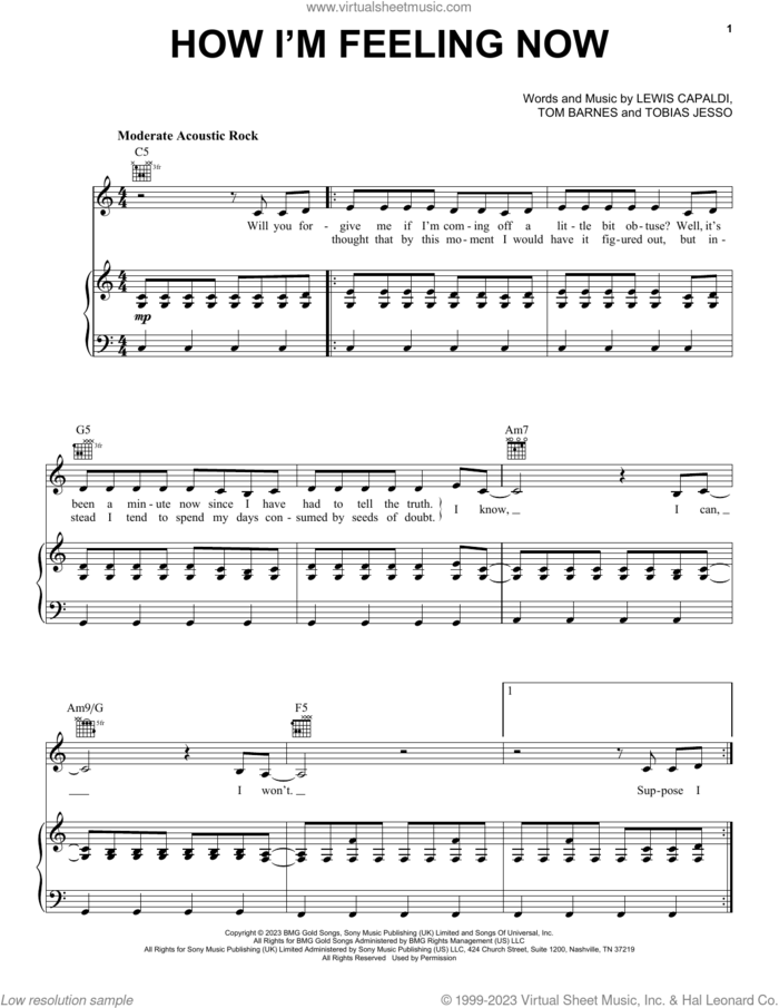 How I'm Feeling Now sheet music for voice, piano or guitar by Lewis Capaldi, Tobias Jesso and Tom Barnes, intermediate skill level