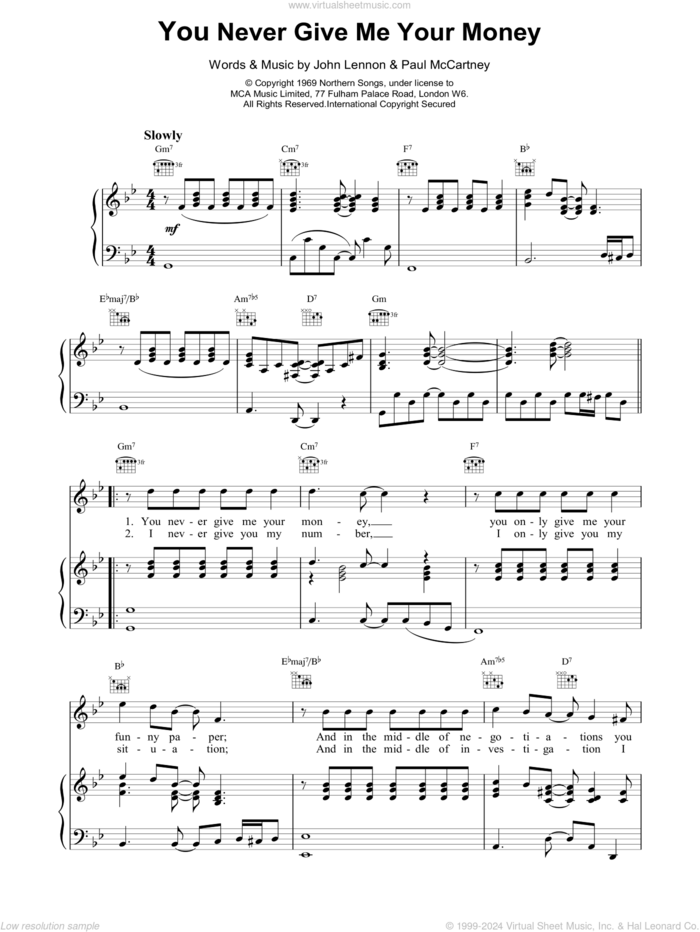 You Never Give Me Your Money sheet music for voice, piano or guitar by The Beatles, intermediate skill level