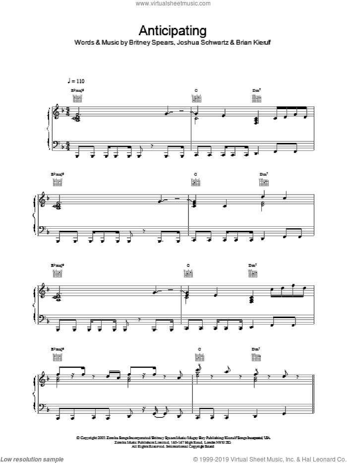 Anticipating sheet music for voice, piano or guitar by Britney Spears, intermediate skill level