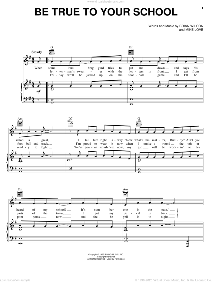 Be True To Your School sheet music for voice, piano or guitar by The Beach Boys, Brian Wilson and Mike Love, intermediate skill level