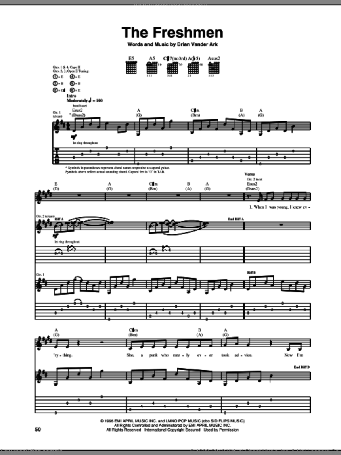 The Freshmen sheet music for guitar (tablature) by The Verve Pipe and Brian Vander Ark, intermediate skill level