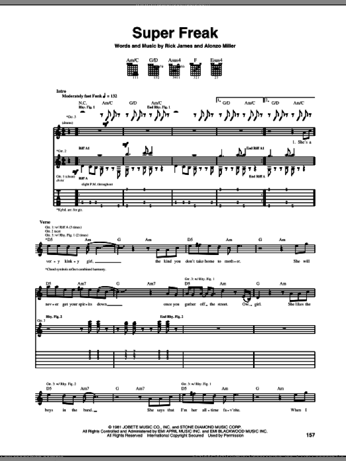 Super Freak sheet music for guitar (tablature) by Rick James and Alonzo Miller, intermediate skill level
