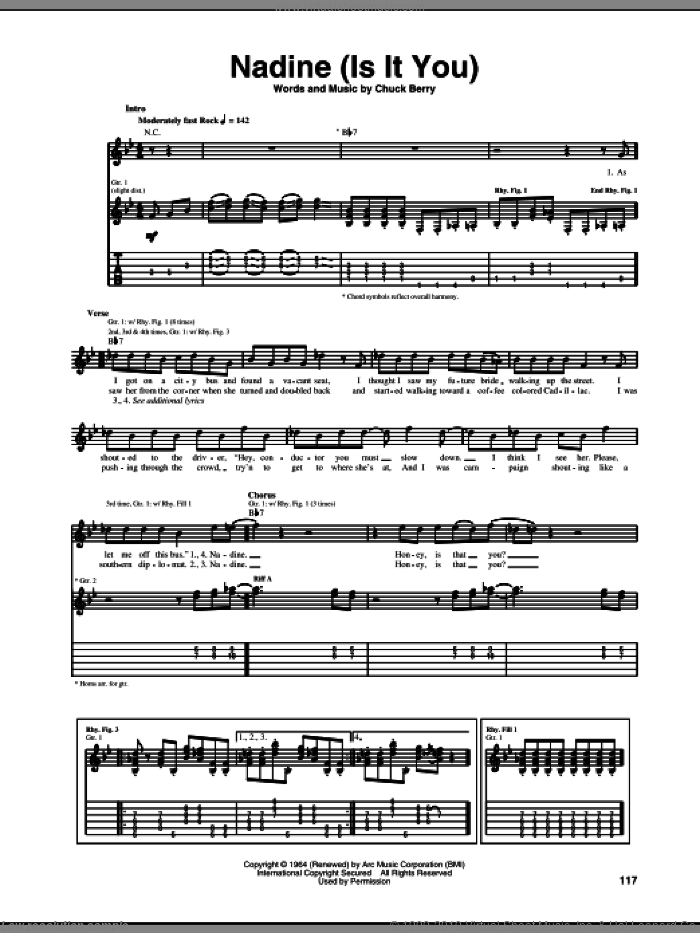 Nadine (Is It You) sheet music for guitar (tablature) by Chuck Berry, intermediate skill level