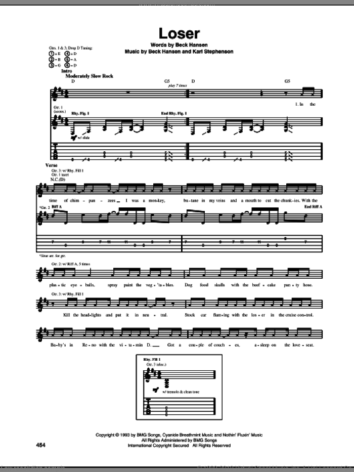 Loser sheet music for guitar (tablature) by Beck Hansen, Miscellaneous and Karl Stephenson, intermediate skill level