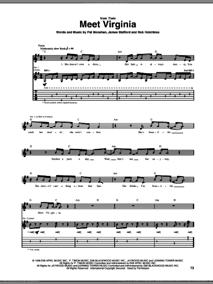 Meet Virginia sheet music for guitar (tablature) by Train, Jimmy Stafford, Pat Monahan and Rob Hotchkiss, intermediate skill level