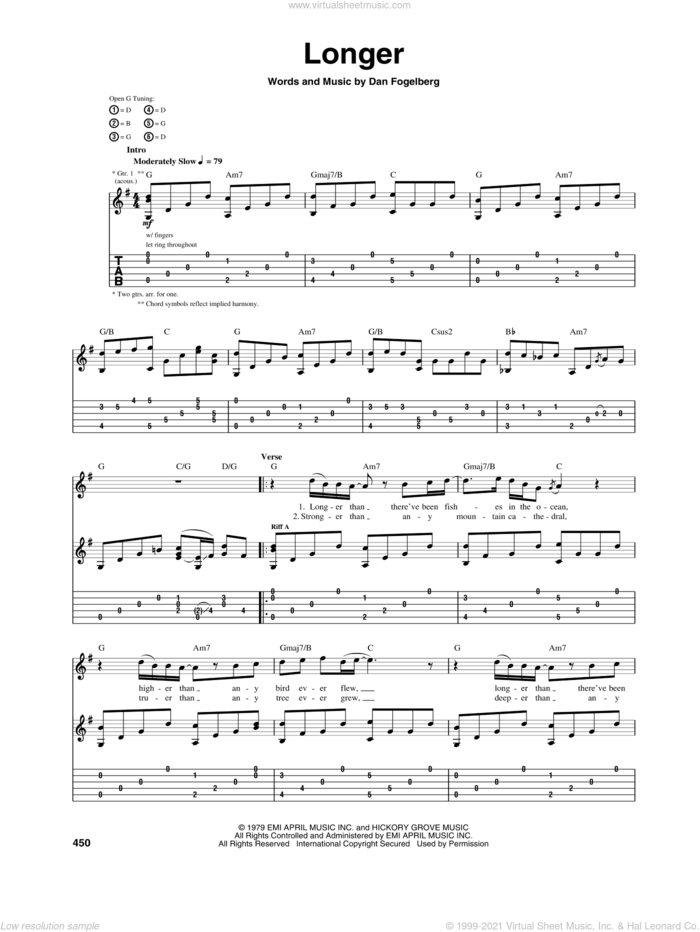 Longer sheet music for guitar (tablature) by Dan Fogelberg, wedding score, intermediate skill level
