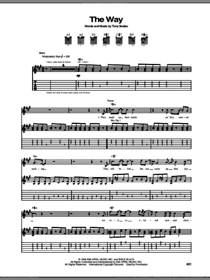 The Way sheet music for guitar (tablature) by Fastball and Tony Scalzo, intermediate skill level